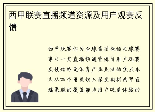 西甲联赛直播频道资源及用户观赛反馈